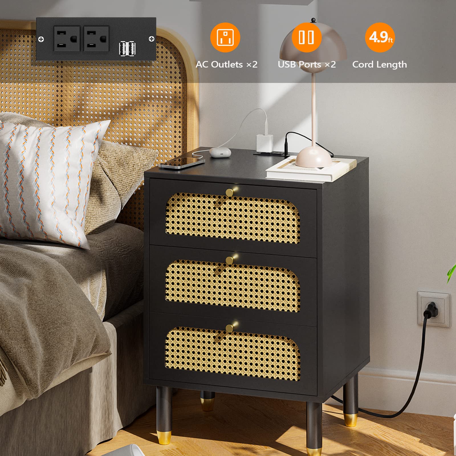 VINGLI Rattan 3-Drawers Nightstand with Charging Station