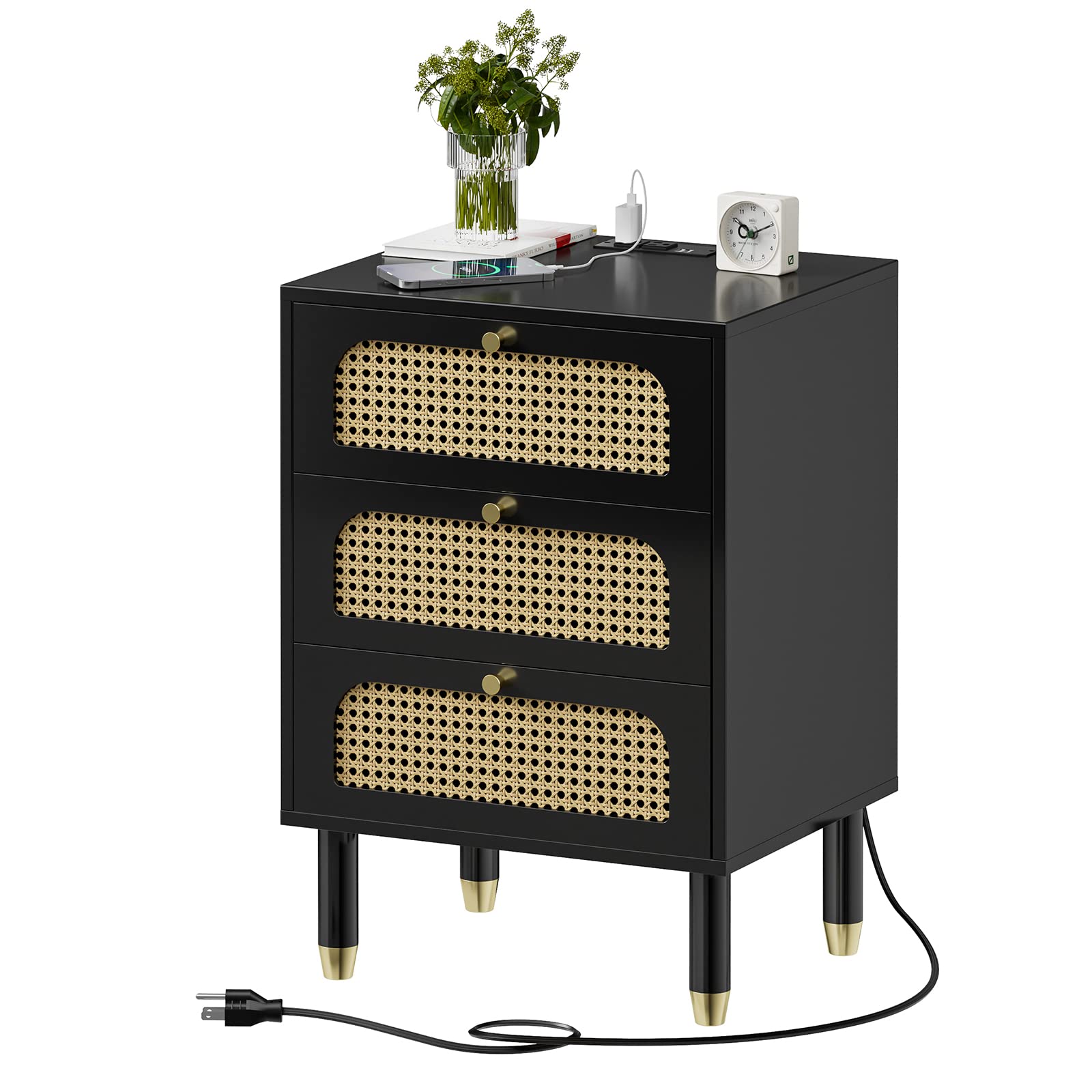 VINGLI Rattan 3-Drawers Nightstand with Charging Station