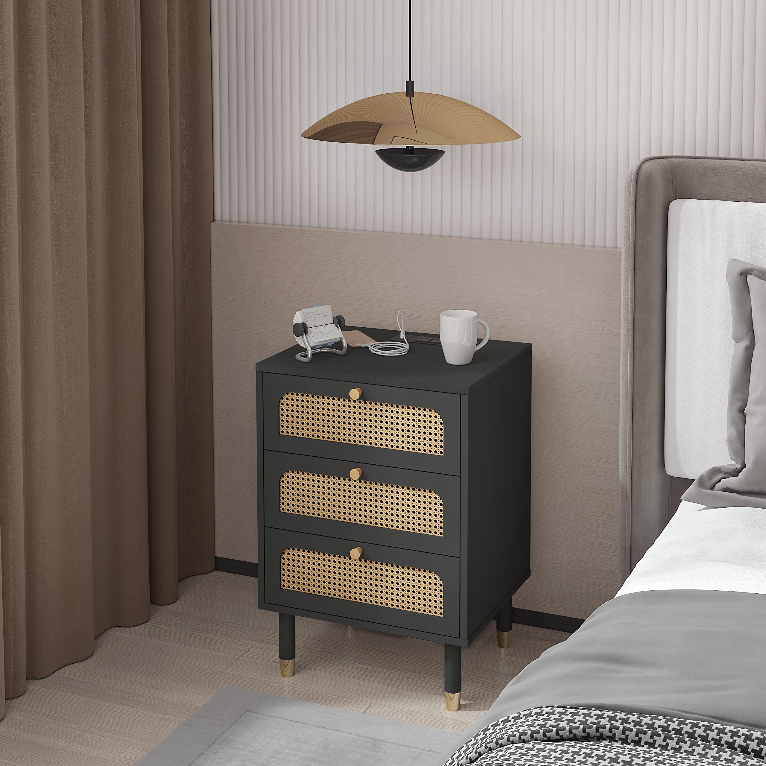 VINGLI Rattan 3-Drawers Nightstand with Charging Station