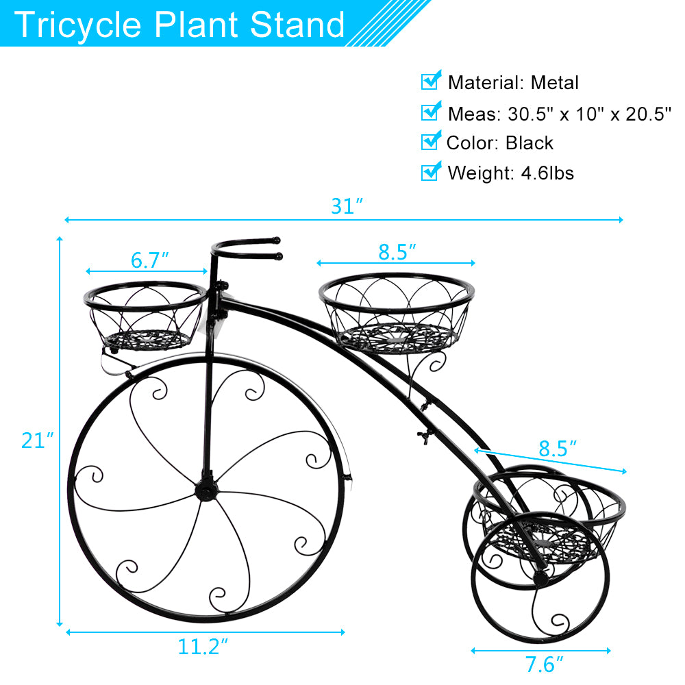 VINGLI Tricycle Metal Plant Stand Flower Pot Cart Holder Black/Bronze