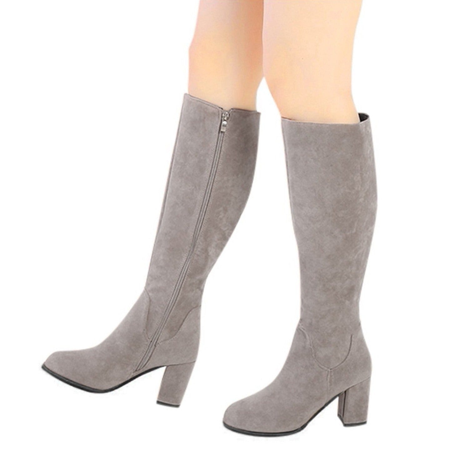 Faux suede chunky block heels under the knee knight boots side zip