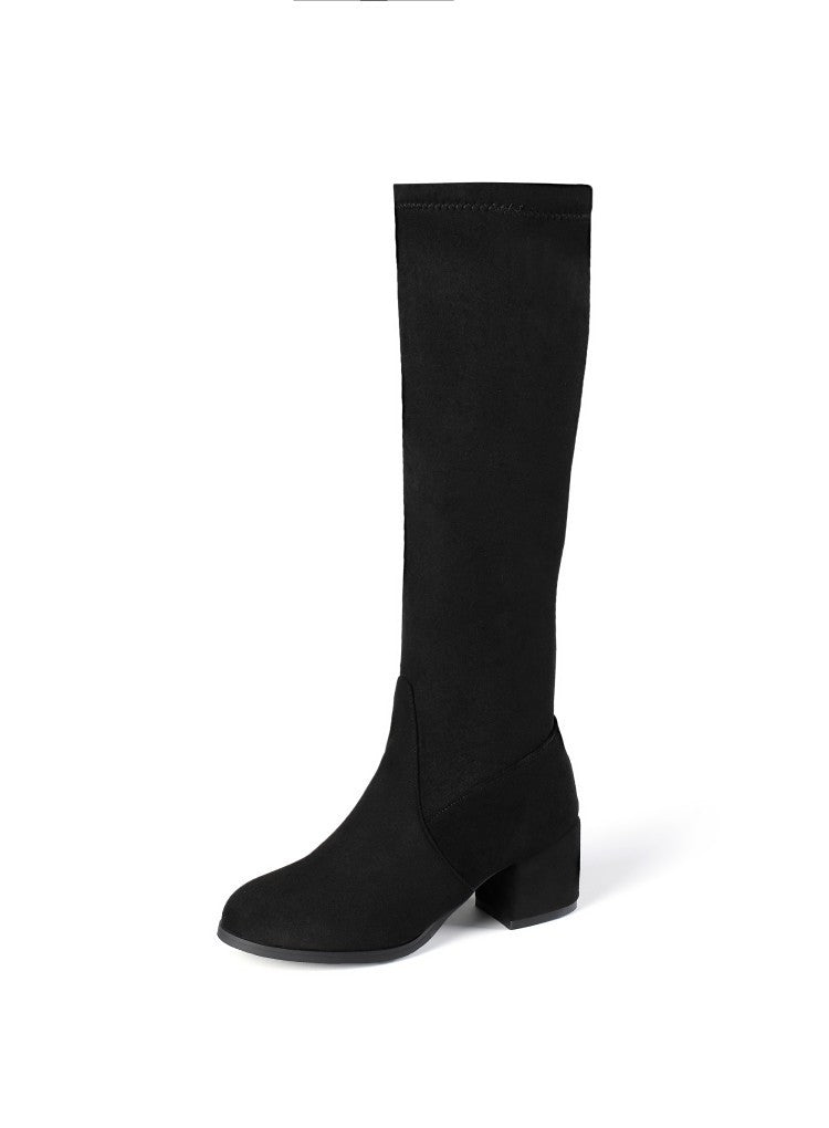 Faux suede chunky block heels under the knee knight boots side zip
