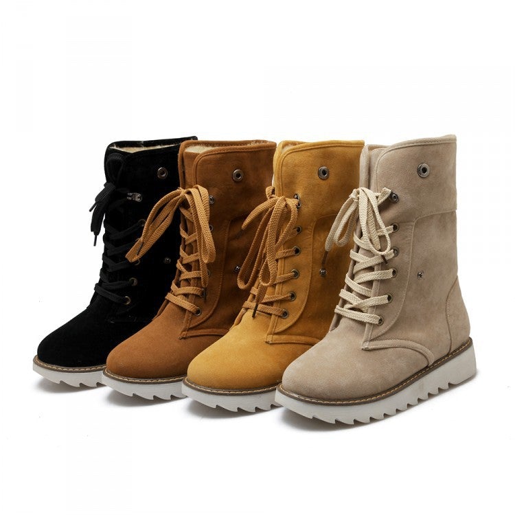 Women winter flat heel thick sole faux fur lace up short snow boots