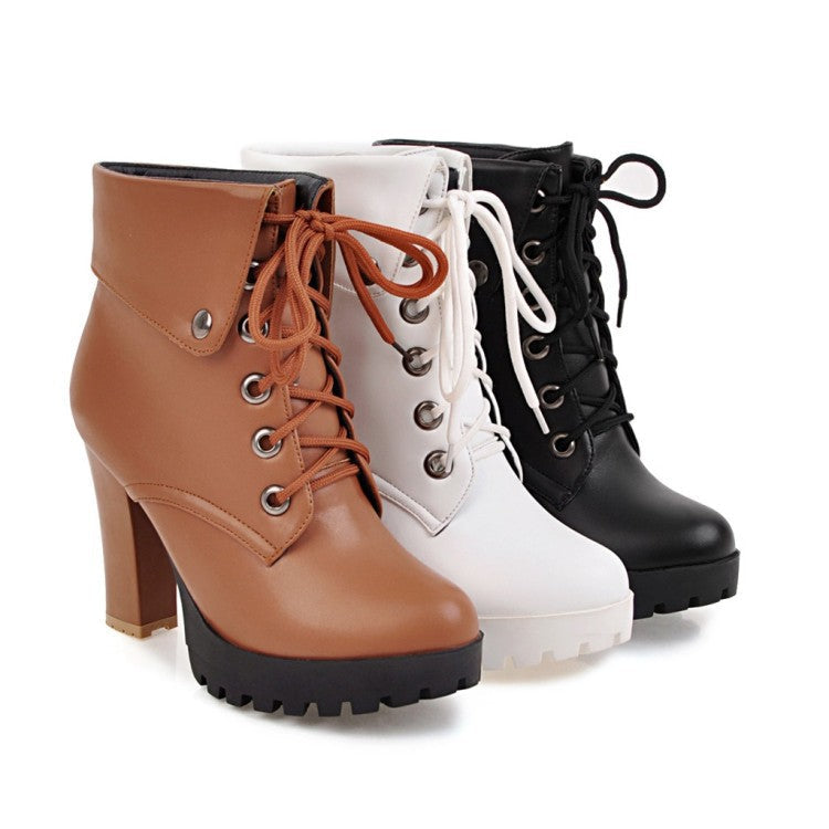 Women England style criss cross lace up chunky high heel platform boots