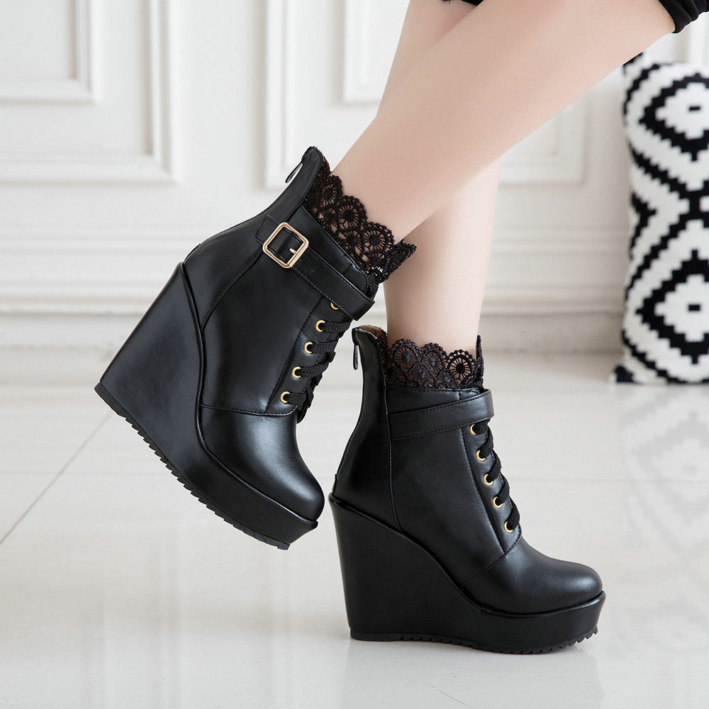 Women lace flower lace up platform wedge heeled booties