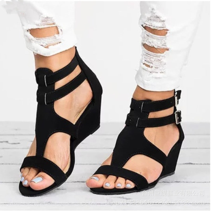 Women gladiator sandals peep toe hollow back zipper buckle strap wedge sandals