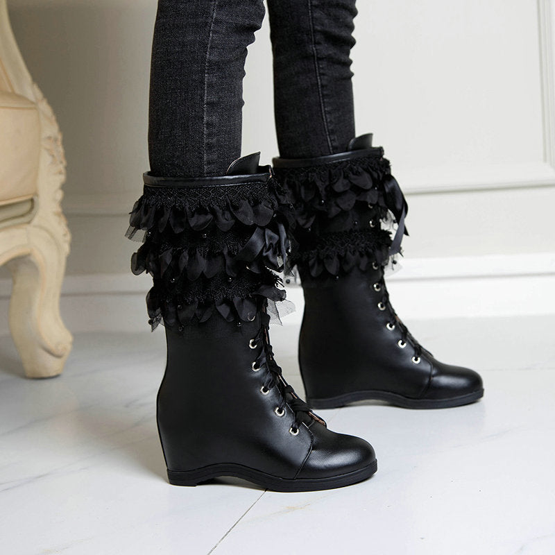 Women mid calf boots | Lace flower inner hidden wedge boots | Winter fall crisscross lace up boots