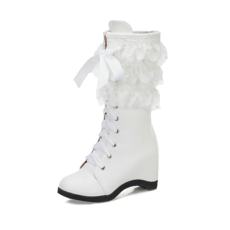 Women mid calf boots | Lace flower inner hidden wedge boots | Winter fall crisscross lace up boots