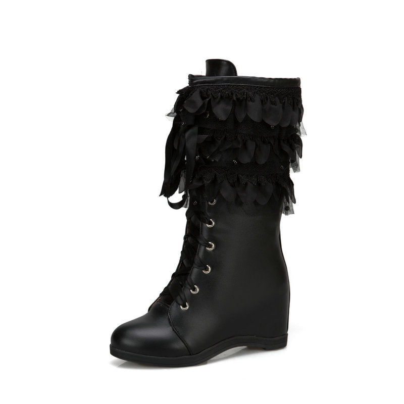 Women mid calf boots | Lace flower inner hidden wedge boots | Winter fall crisscross lace up boots