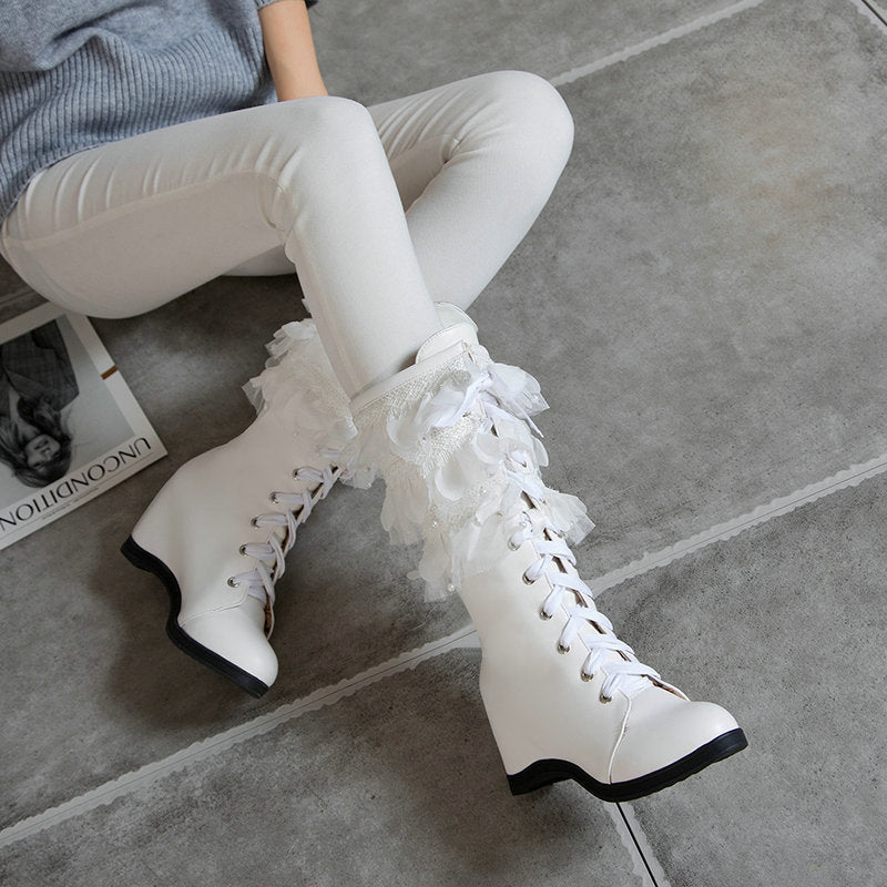 Women mid calf boots | Lace flower inner hidden wedge boots | Winter fall crisscross lace up boots