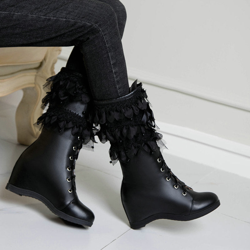 Women mid calf boots | Lace flower inner hidden wedge boots | Winter fall crisscross lace up boots