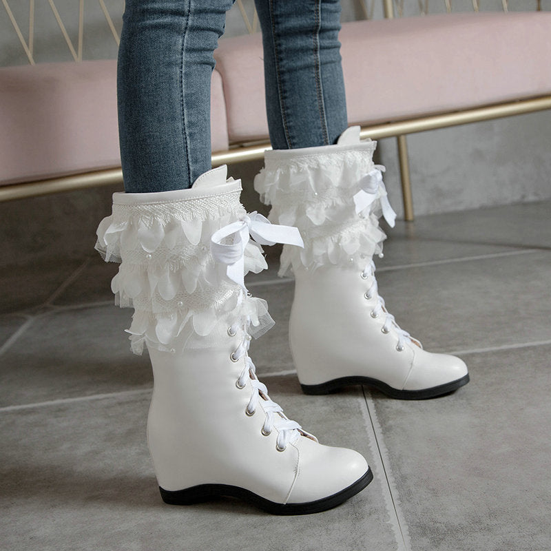 Women mid calf boots | Lace flower inner hidden wedge boots | Winter fall crisscross lace up boots