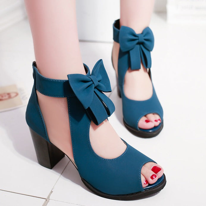 Women bowknot hollow back zipper peep toe chunky heels