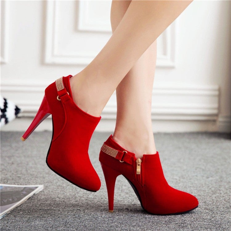 Women rhinestone strap side zipper faux suded pointed toe stiletto ankle boots