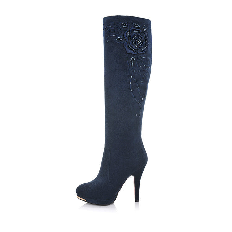 Women stiletto heel beaded embroidered flower knee high boots