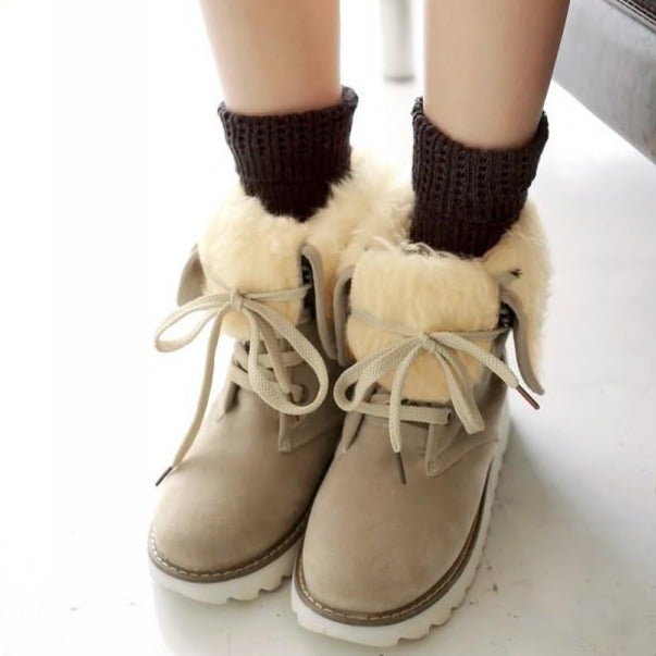 Women winter flat heel thick sole faux fur lace up short snow boots