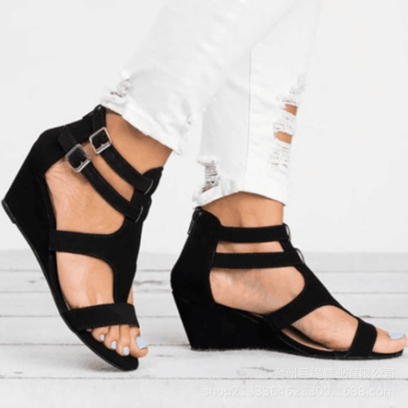 Women gladiator sandals peep toe hollow back zipper buckle strap wedge sandals