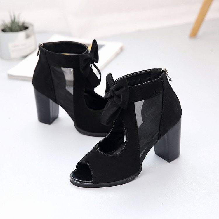 Women bowknot hollow back zipper peep toe chunky heels