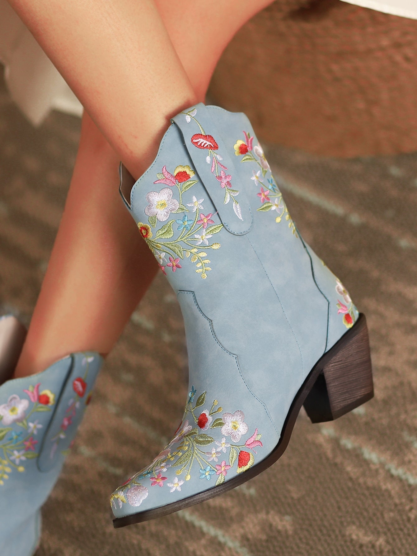 Women cowboy boots | Embroidered flower chunky heel short boots | Square toed blue boots