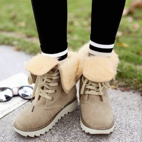 Women winter flat heel thick sole faux fur lace up short snow boots