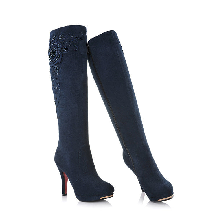 Women stiletto heel beaded embroidered flower knee high boots