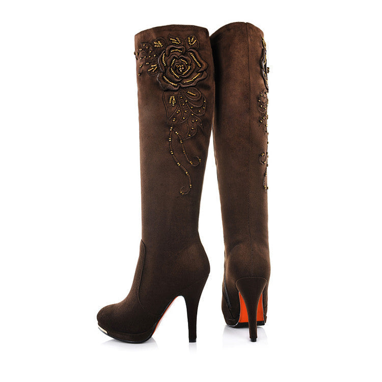 Women stiletto heel beaded embroidered flower knee high boots