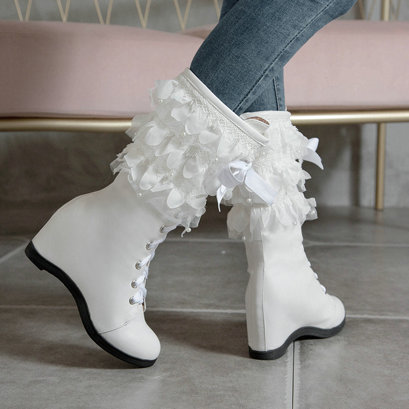 Women mid calf boots | Lace flower inner hidden wedge boots | Winter fall crisscross lace up boots