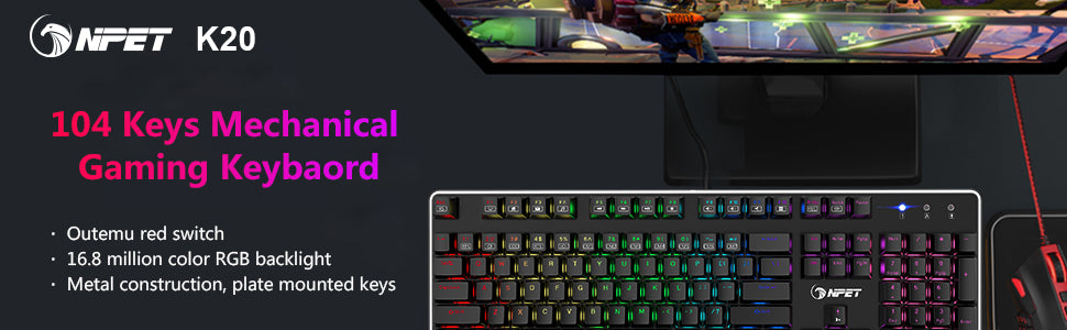 NPET K20 Gaming Keyboard Customizable RGB Lighting Wired Keyboard 