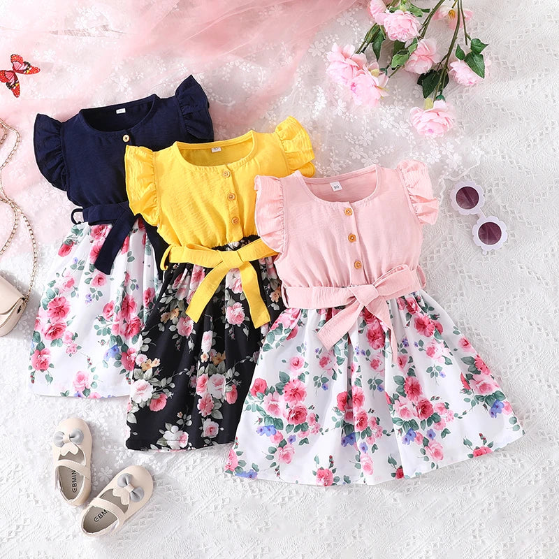Dress For Kids 1-7 Years old Birthday Korean Style Short Sleeve Cute Floral Cotton Princess Formal Dresses Ootd For Baby Girl