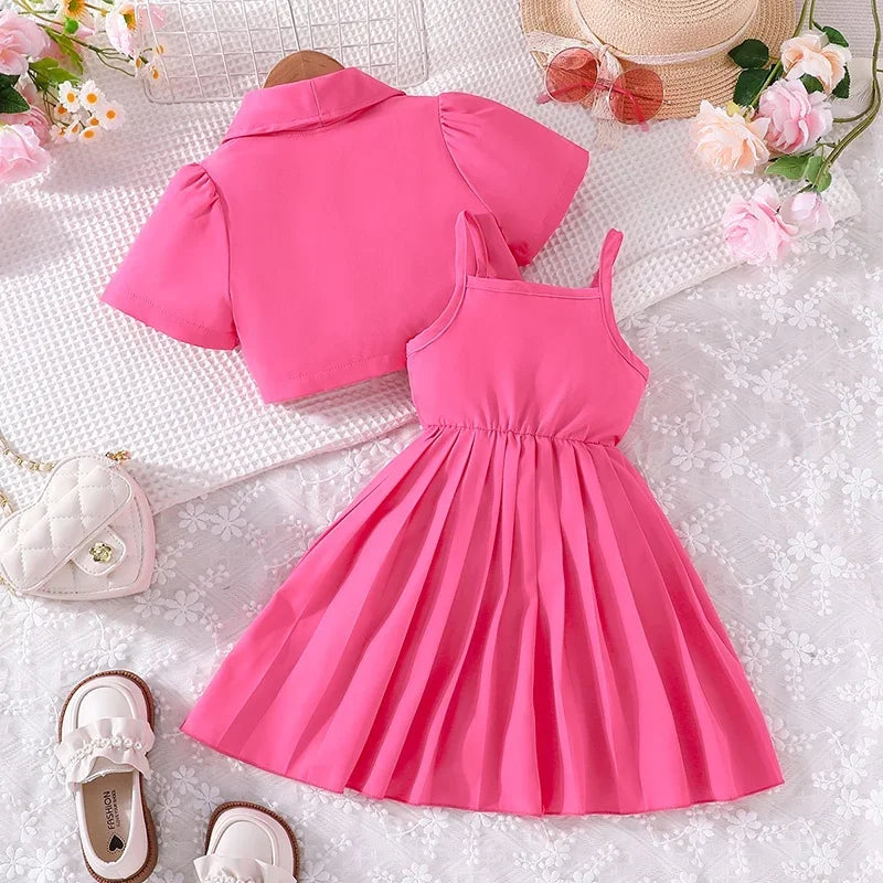 Clothing Set For Kid Girl 4-7 Years old Short Sleeve Button Top Pleated Suspenders Princess Dresses Summer Outfit For Baby girl