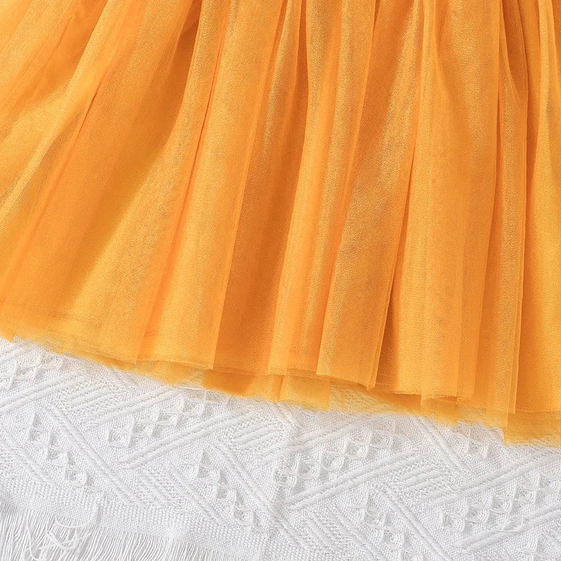 Dress For Kids 4-7 Years old Birthday Short Sleeve Cute Floral Yellow Tulle Bow Princess Formal Dresses Ootd For Baby Girl