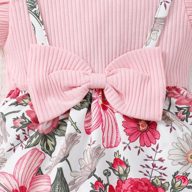 Newborn Baby Girl Dress 3-24 months Korean Style Summer Ruffle Sleeve Bow Toddler Kids Girl Cute Pink Floral Princess Dresses