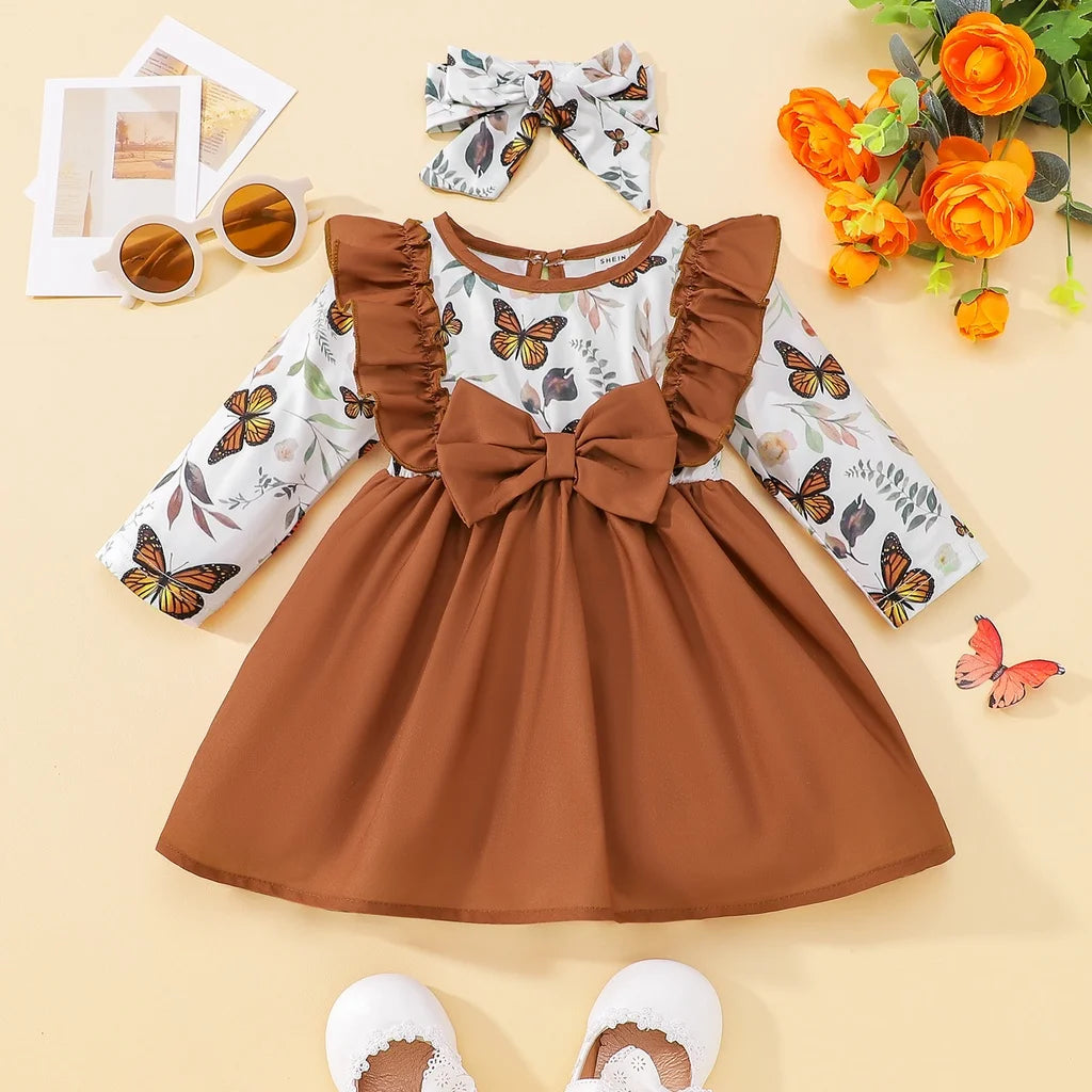 Dress For Kids 3-24 Months Korean Style Long Sleeve Floral Bow and Butterfly Printing Princess Formal Dresses Ootd For Baby Girl