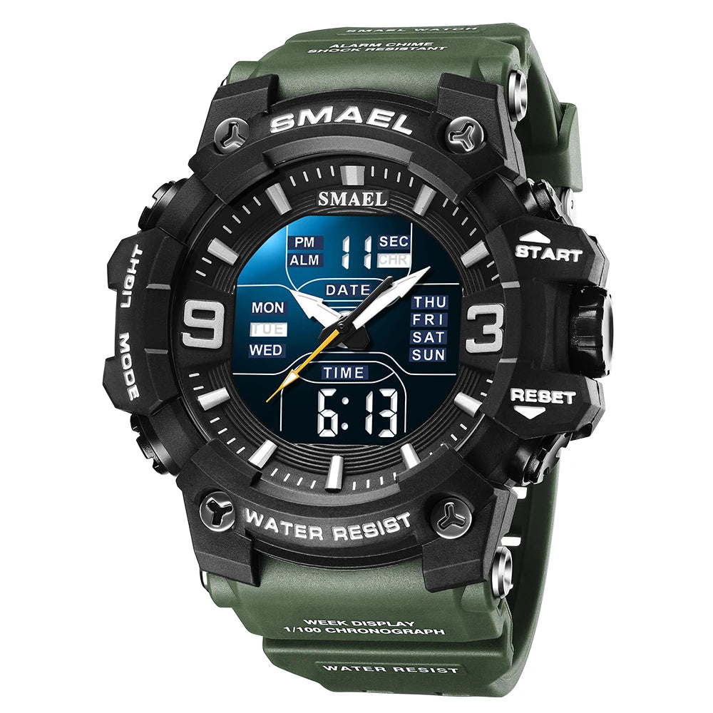 Men Watch Sport Waterproof LED Light Alarm Clock Dual Time Display Week Auto Date Wristwatches 8049 Quartz Watches Sports Time