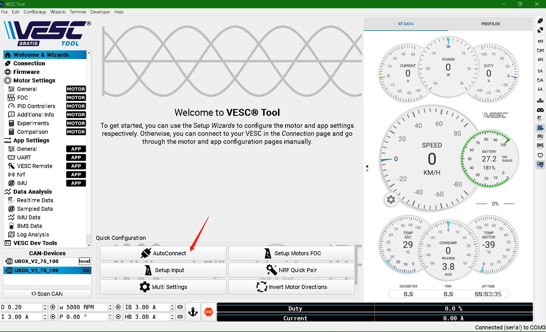 step1: Click connect to connect UBox with VESC tool
