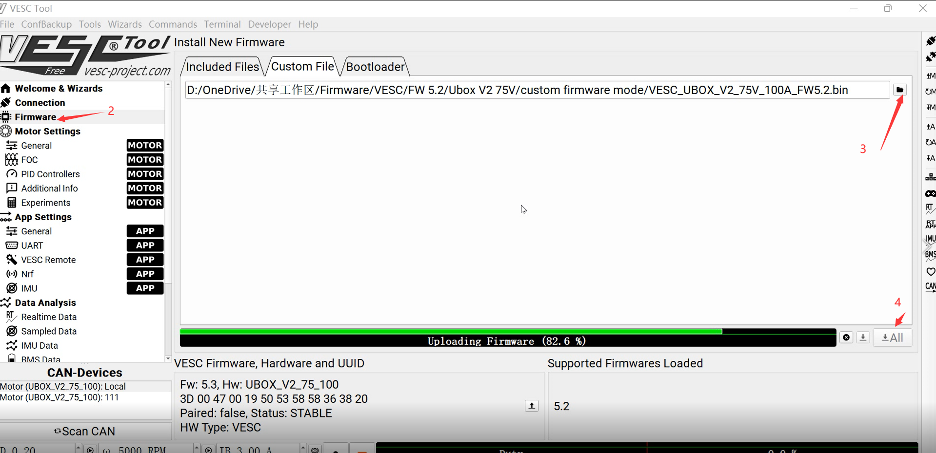 Step2, upload firmware bin file to vesc