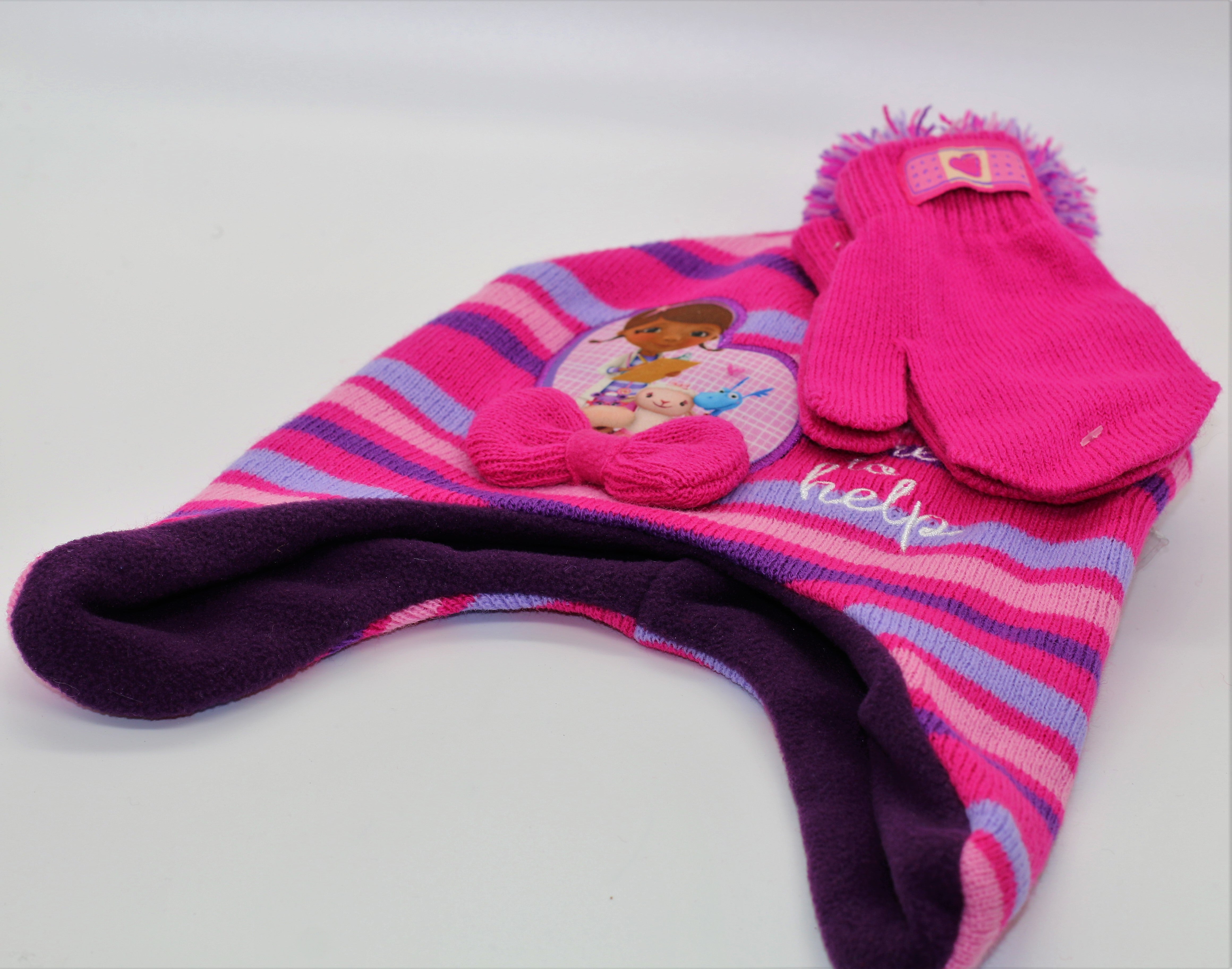 DOC McSTUFFINS DISNEY Fleece-Lined Knit Aviator Winter Hat & Gloves Set