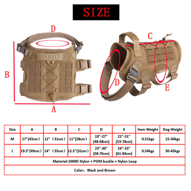 Nylon Tactical Service Dog Harness Heavy Duty Dog Training Harness size chart