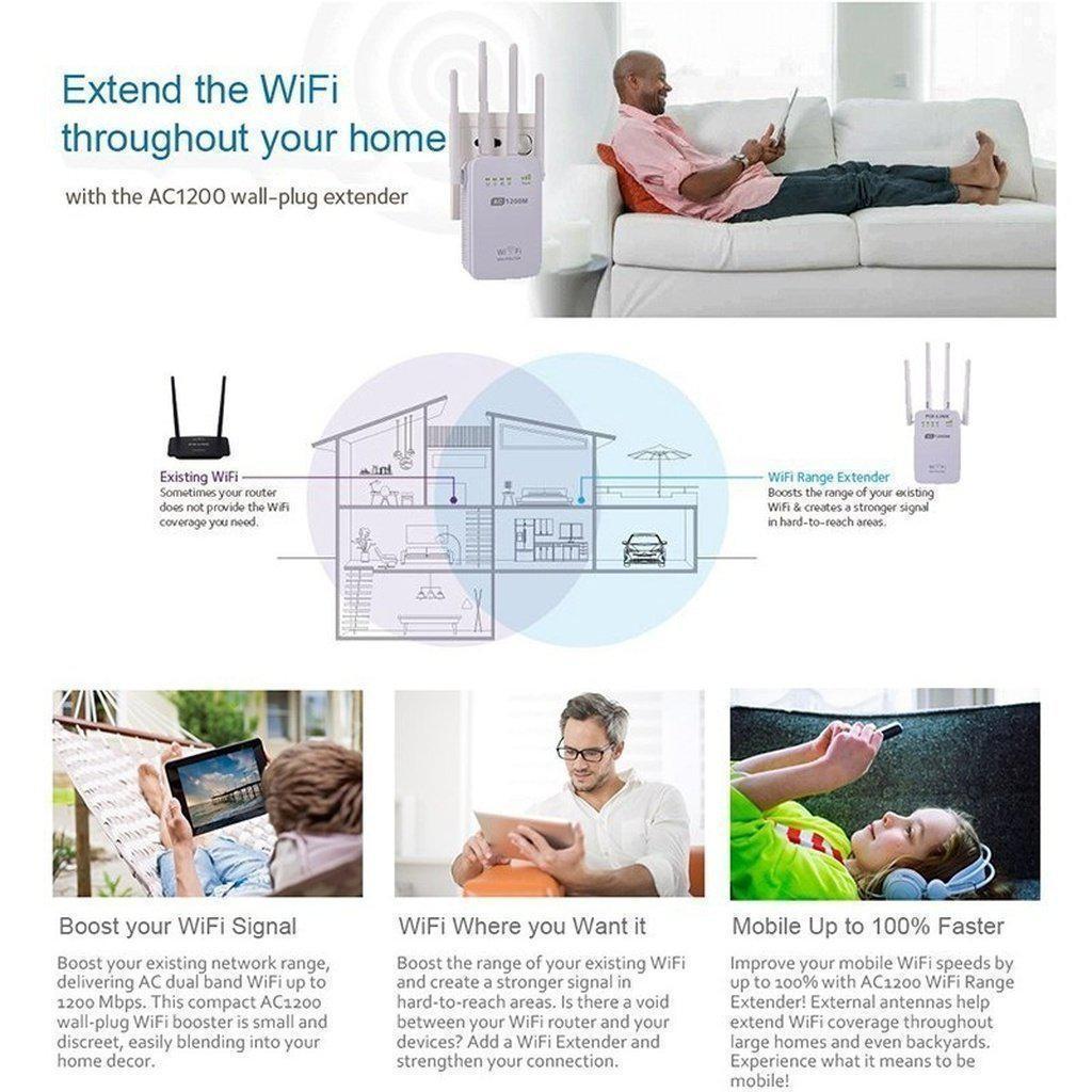 1200Mbps Dual Band 2.4/5G Wireless Range Extender WiFi