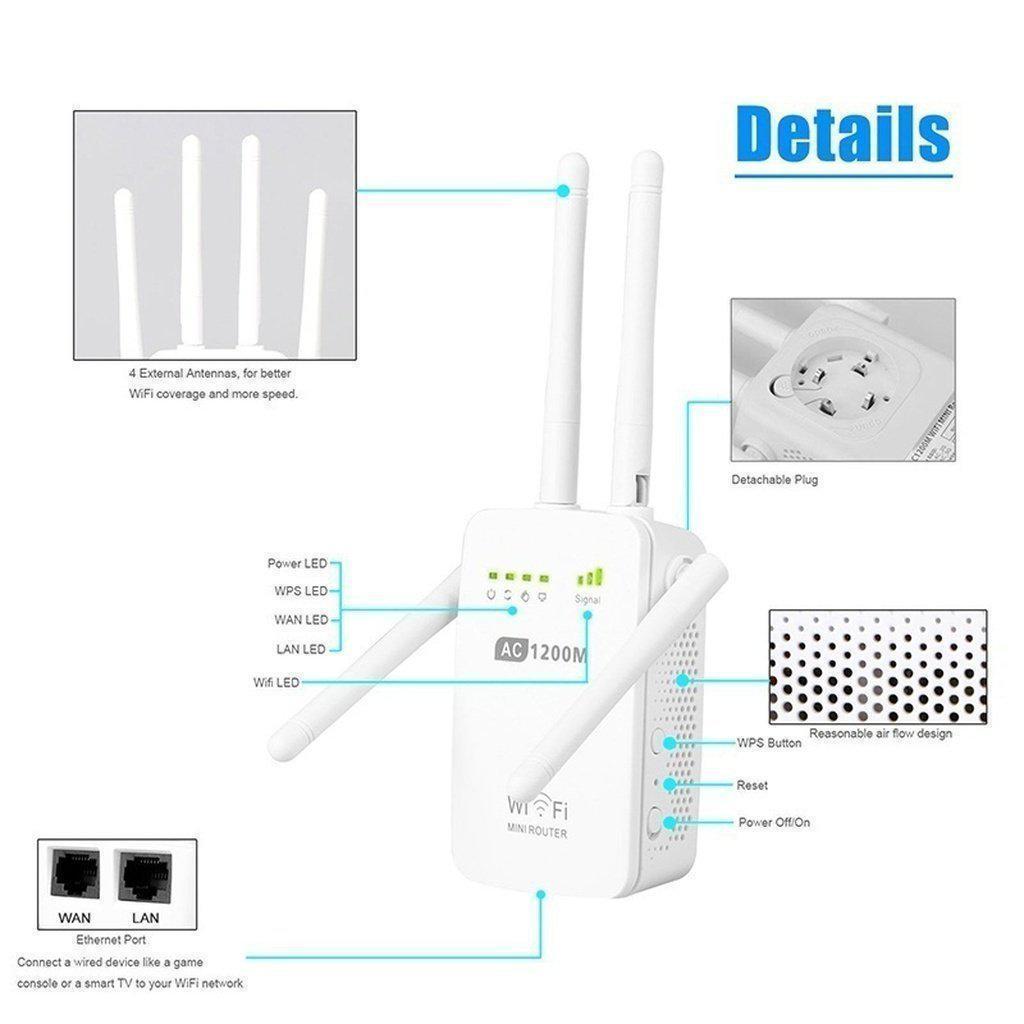 1200Mbps Dual Band 2.4/5G Wireless Range Extender WiFi