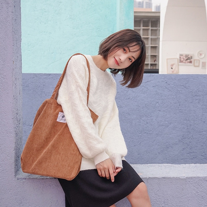 Women Corduroy Shopping Bag Female Canvas Cloth Shoulder Bag