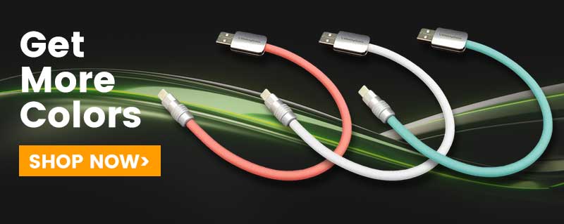 Banner advertisement for colorful USB cables featuring pink white and mint green options with a shop now button