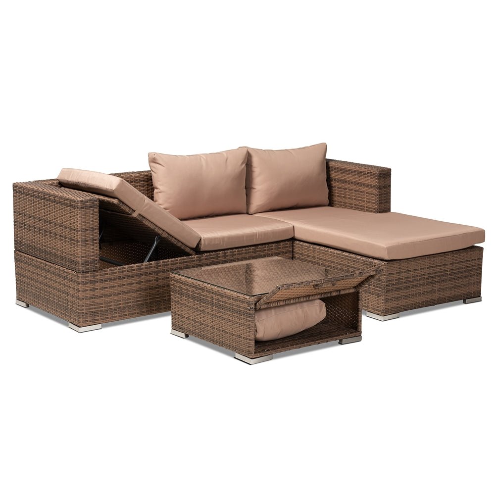 Addison Light Brown Finished 3 Piece Woven Rattan Outdoor Patio Set With Adjustable Recliner