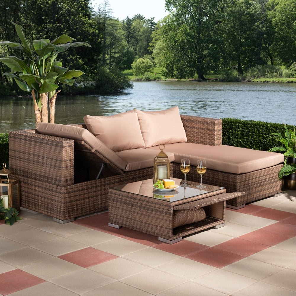 Addison Light Brown Finished 3 Piece Woven Rattan Outdoor Patio Set With Adjustable Recliner