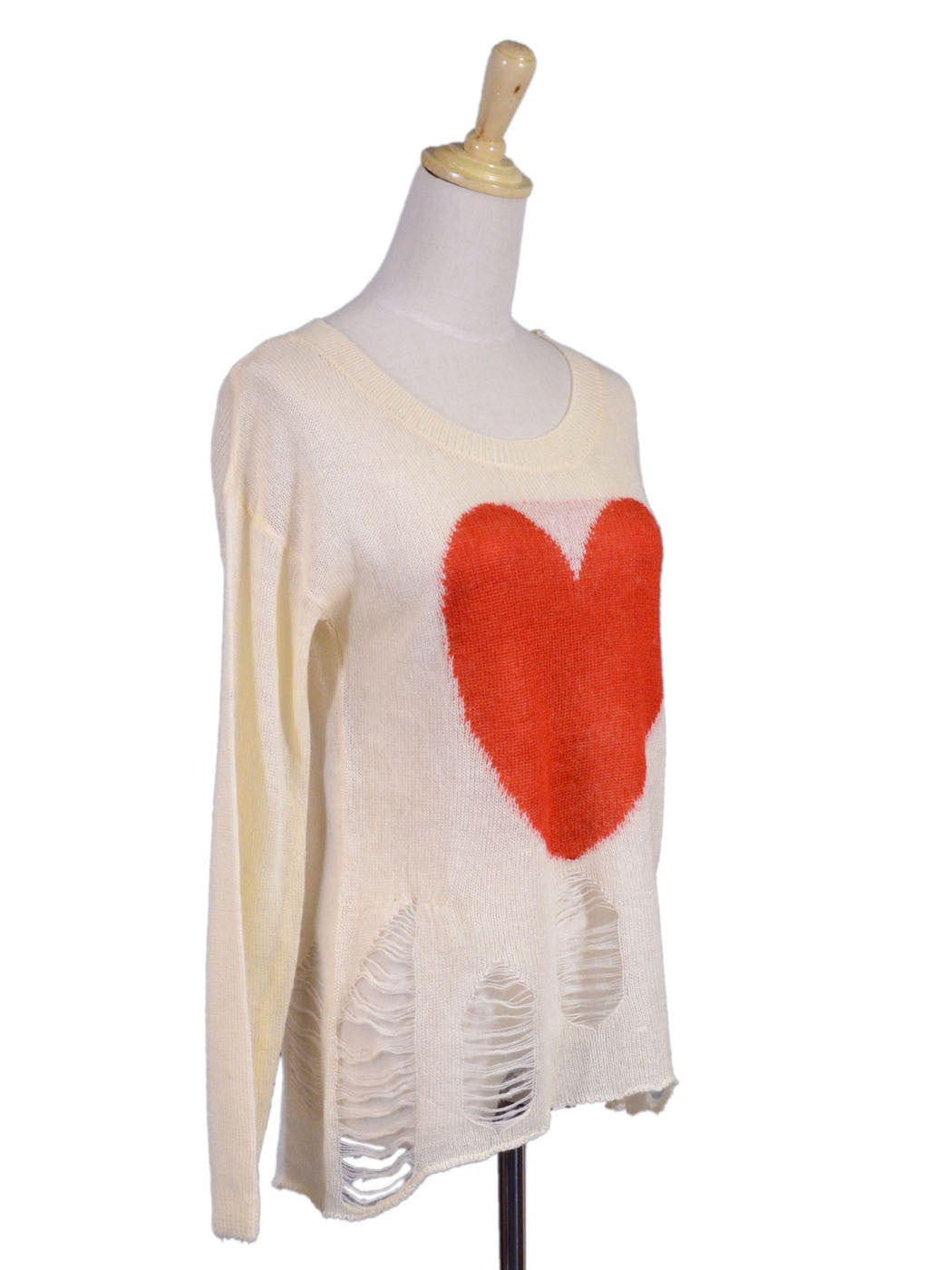 TCEC Valentine Long Sleeves Big Heart Prints Destroyed Knit Pullover Sweater
