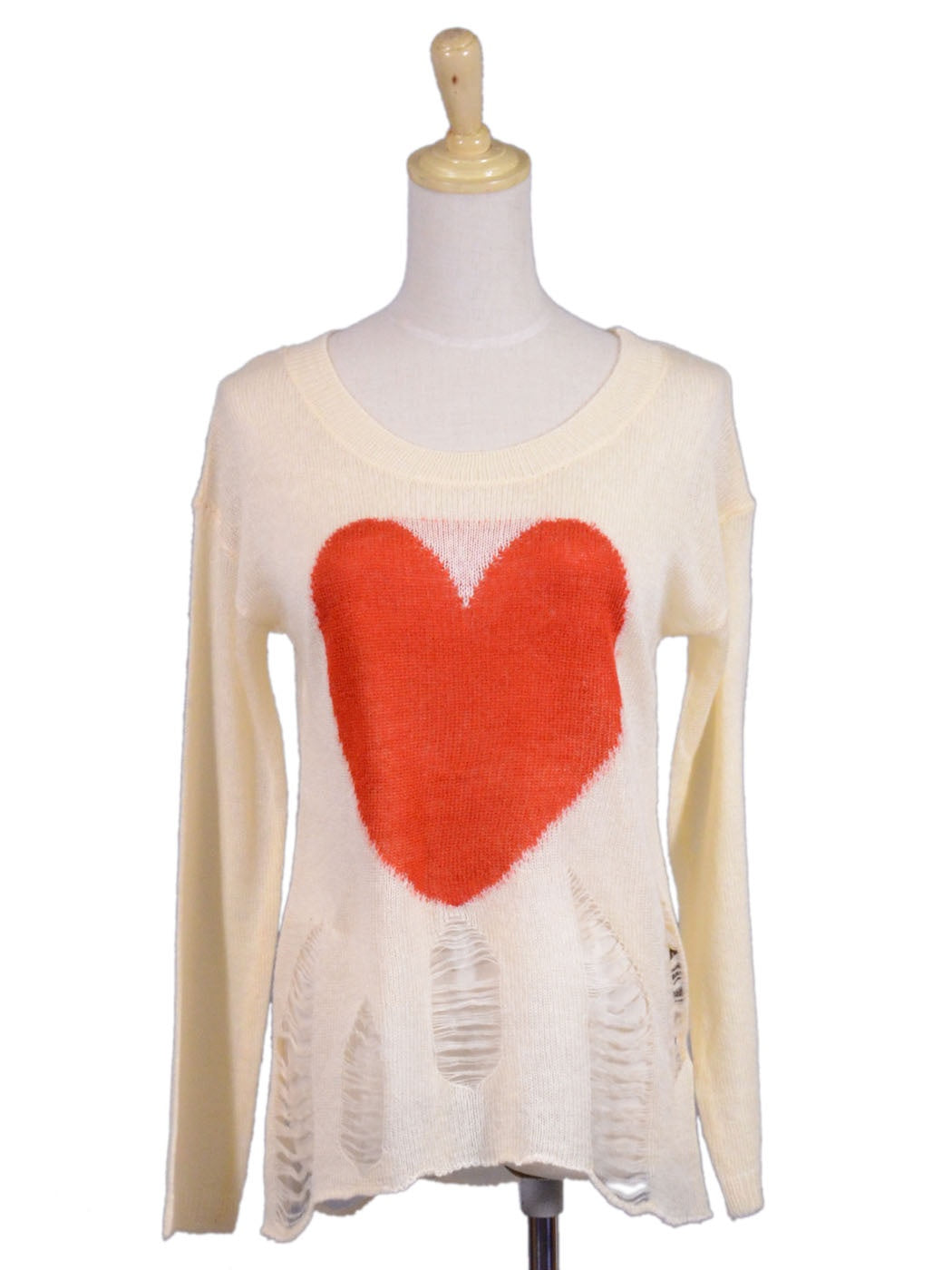 TCEC Valentine Long Sleeves Big Heart Prints Destroyed Knit Pullover Sweater