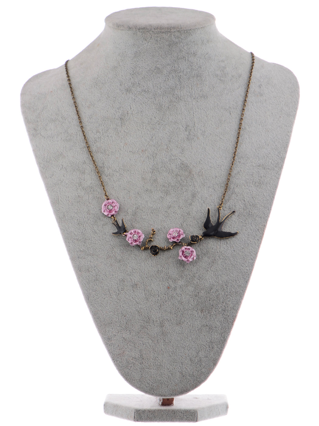 Alilang Antique Golden Hand Painted Pink Cherry Blossom Flower Enamel Black Sparrow Birds Necklace