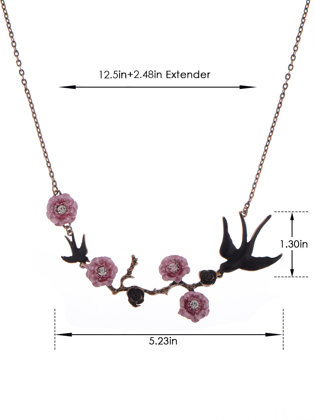 Alilang Antique Golden Hand Painted Pink Cherry Blossom Flower Enamel Black Sparrow Birds Necklace