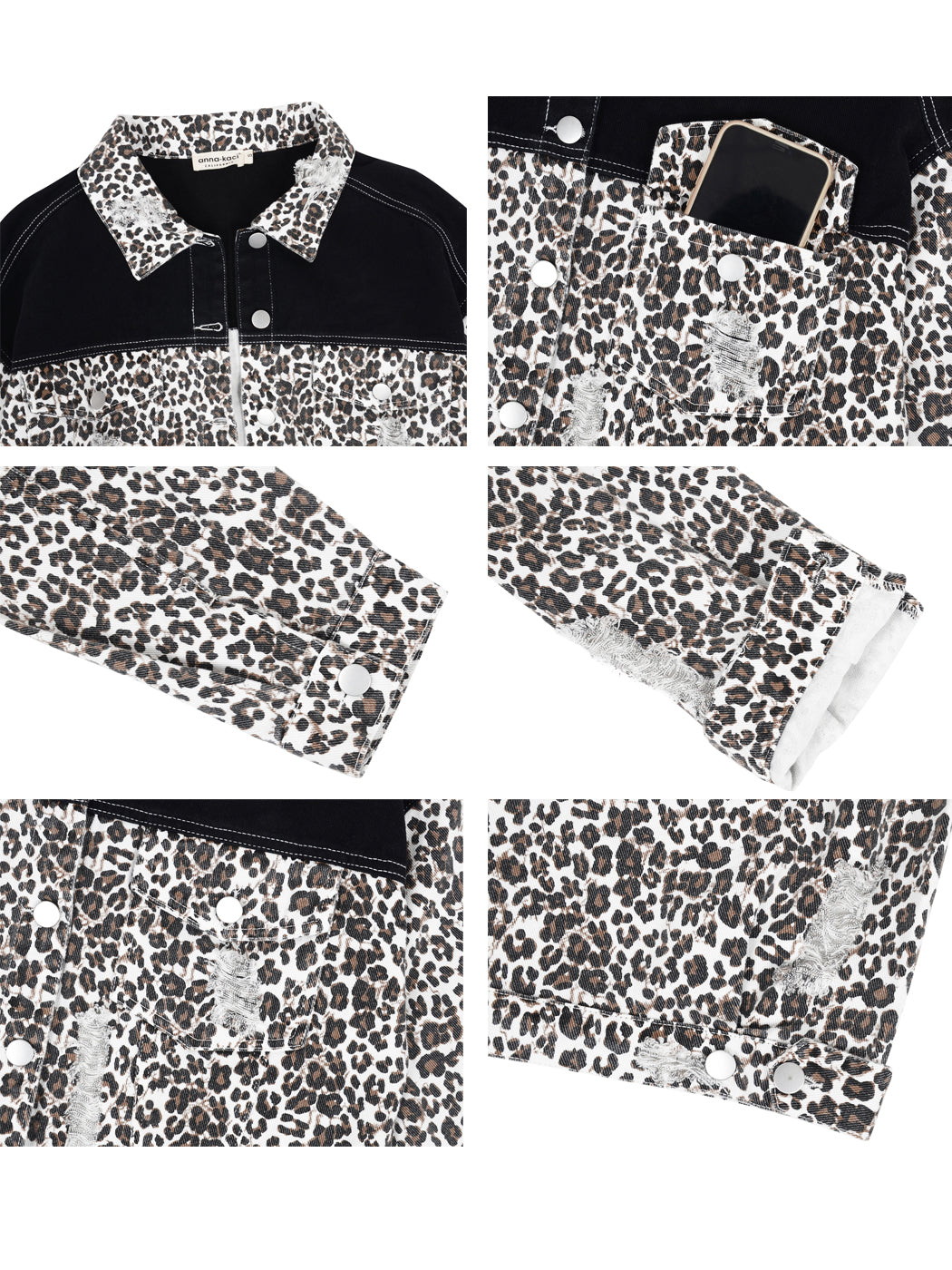 Anna-Kaci Women Fashion Long Sleeve Leopard Print Colorblock Denim Jacket