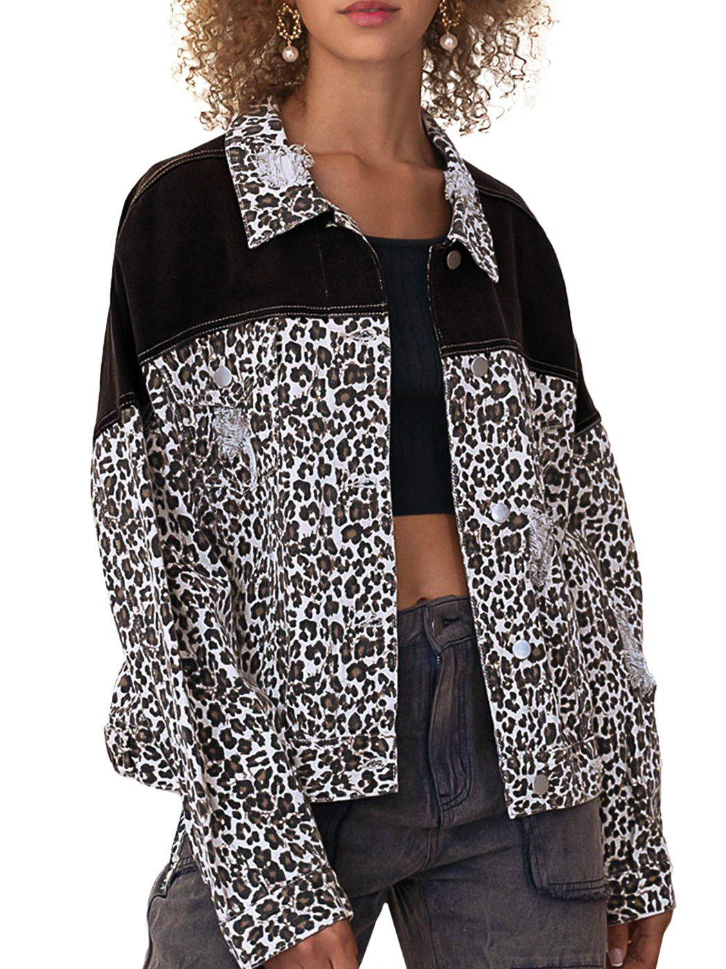 Anna-Kaci Women Fashion Long Sleeve Leopard Print Colorblock Denim Jacket